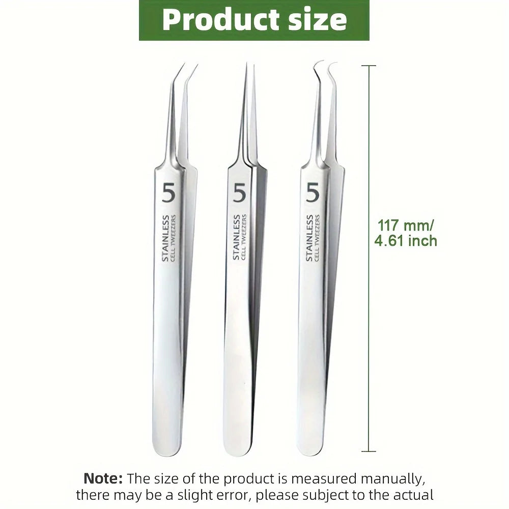 Stainless Steel Tweezers, Facial Blackhead Remover Set - 3-Piece Set With Storage Box, Ultra-Sharp, Cleans Facial Pores