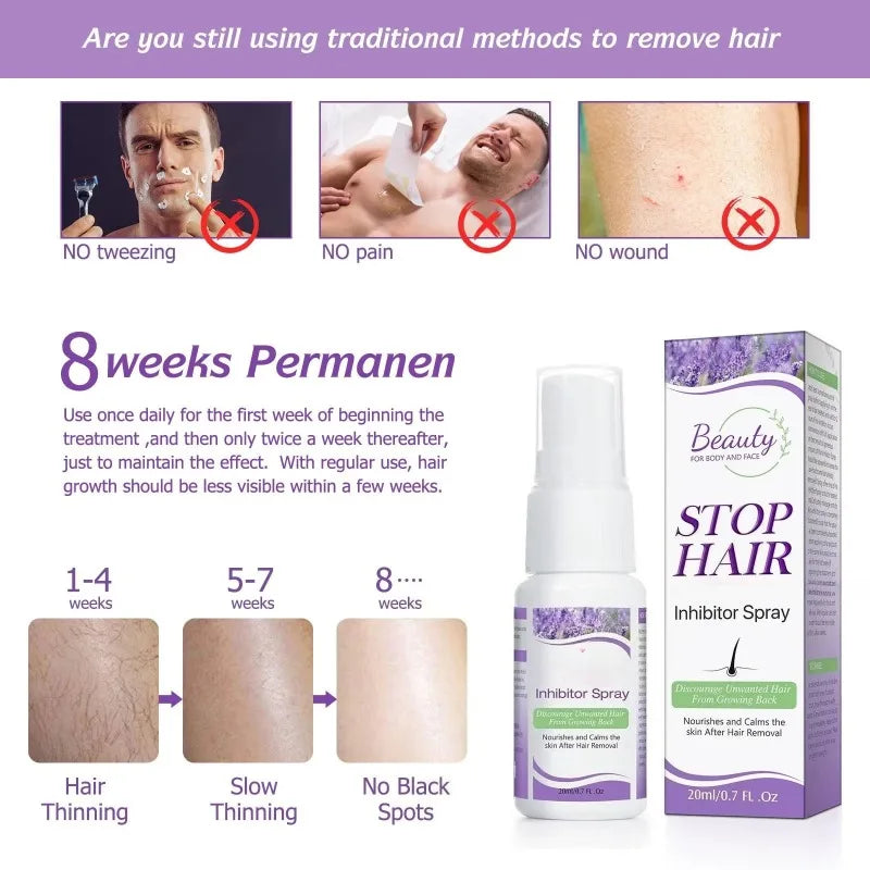 Permanant Hair Removal Inhibitor Spray Beard Bikini Intimate Legs Body Armpit Painless Facial Stop Hair
