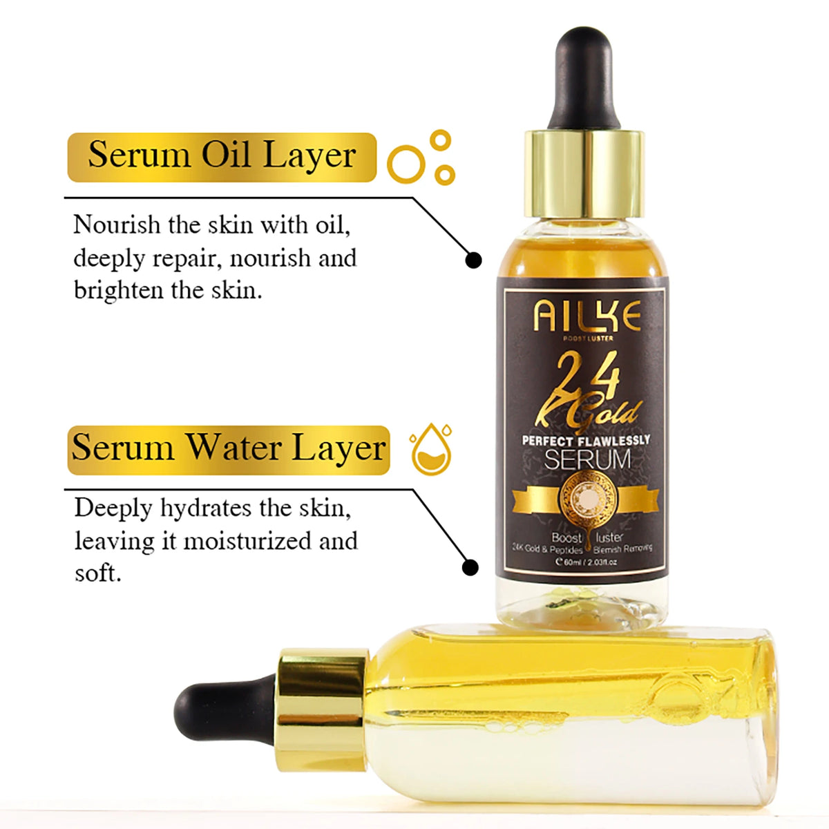 AILKE 24K Gold Flawlessly Serum, Whitening, Deep Clean Skin, Even Skin Tone, Reduce Black Spots, With Peptide, For Face, Body