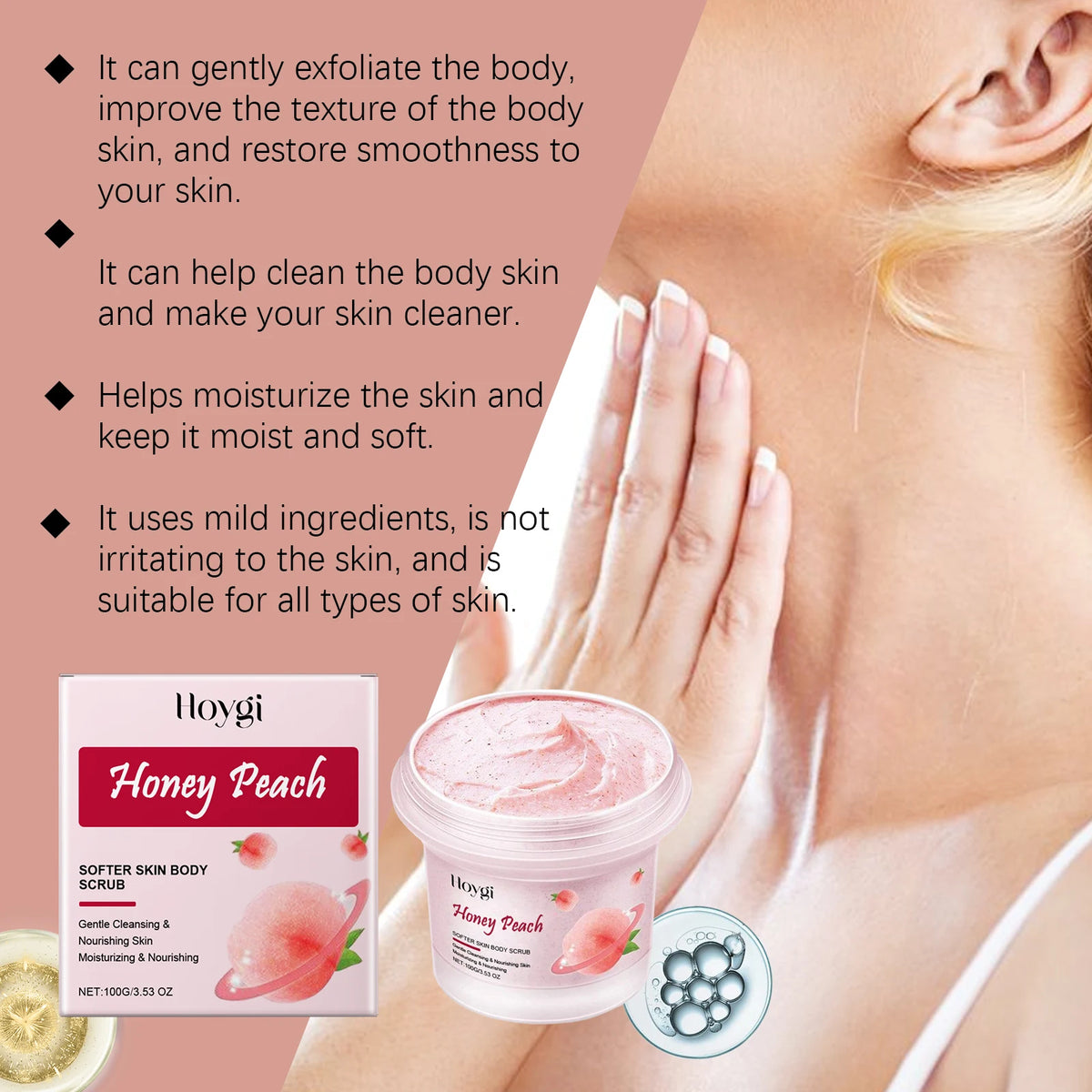 Honey Peach Softer Skin Body Scrub Gentle Exfoliating Cleanser Brightening Deep Cleaning Moisturizing Shiny Smooth Body Scrub