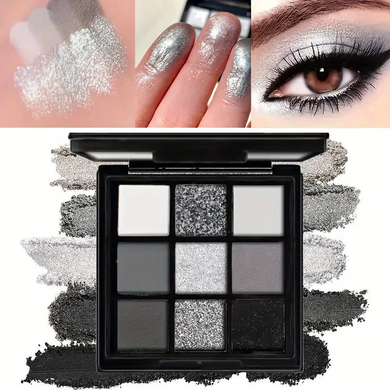 9-shade eyeshadow palette: Black Swan, Smoky, Dark Black, Grey Silver Glitter, Matte Finish, Long-lasting, and easy to color