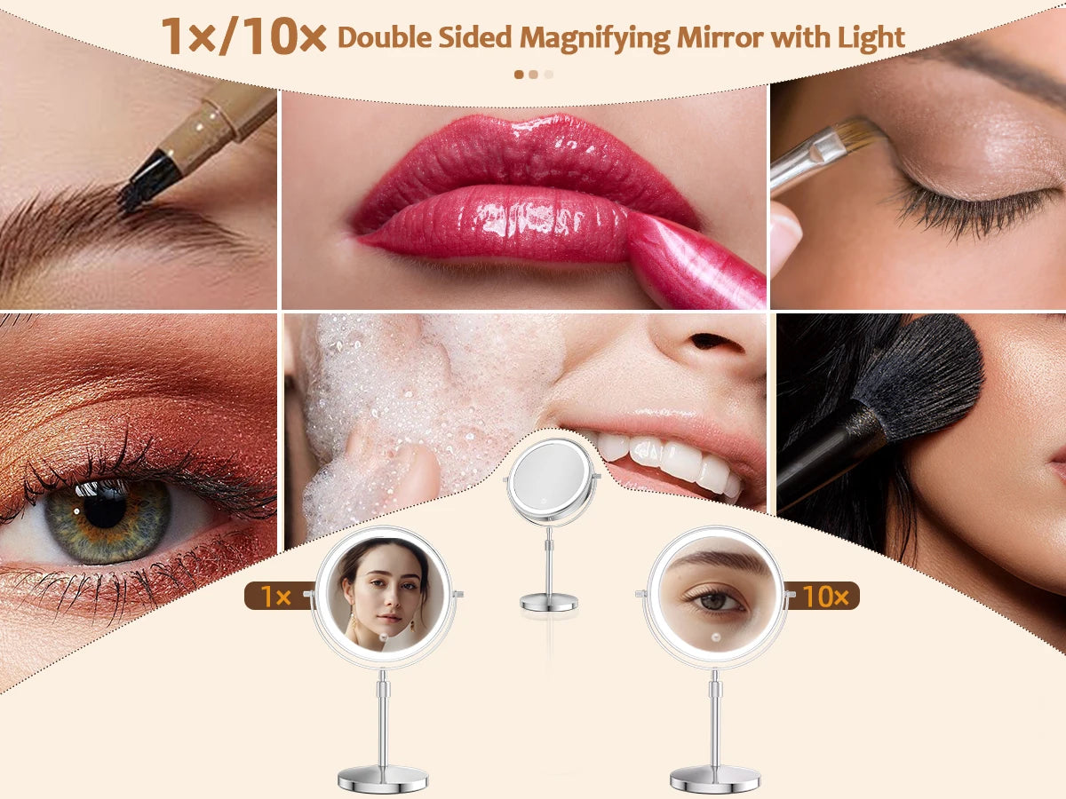 8 Inch Makeup Mirror With Light Lamp 10X Magnification 3 Color Lights,Adjustable Brightness Height Standing Cosmetic Mirror