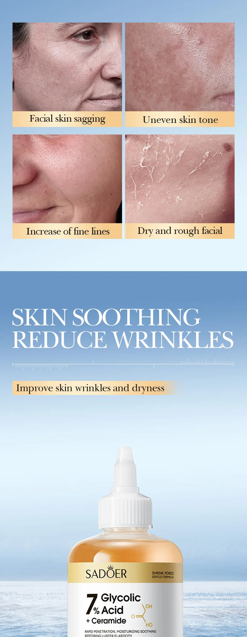 SADOER Glycolic Acid Toner Face Serum Facial Skincare Moisturizing Facial Toner Anti-aging Anti Wrinkles Face Essence Skin Care