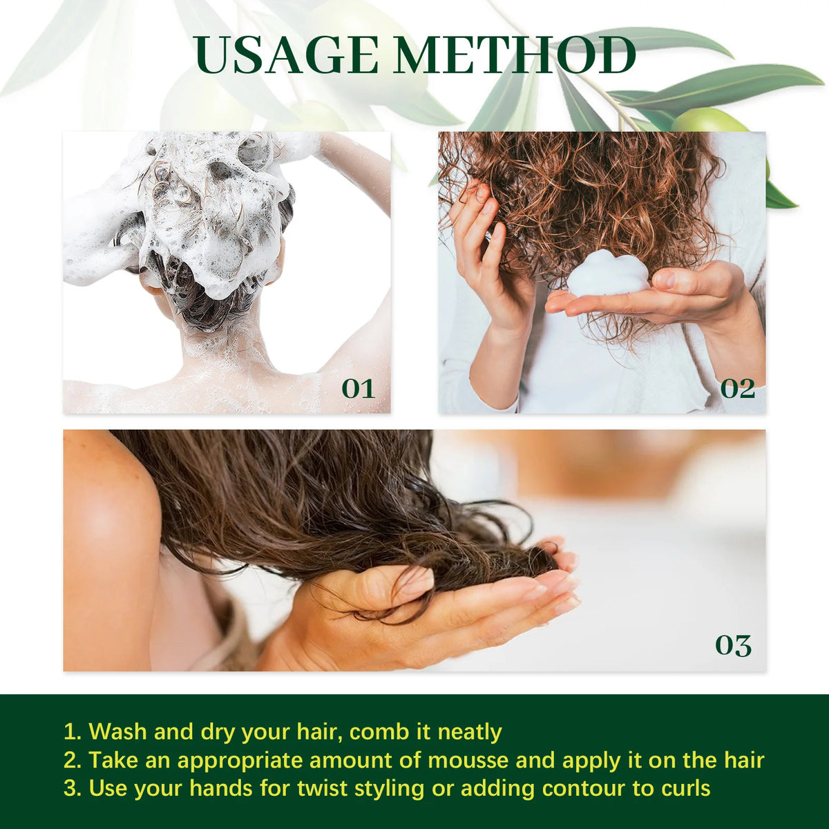 EELHOE Hair Styling Mousse Long Lasting Hydrating Natural Curl Enhancer Tame Frizzy Wave Fluffy Hair Treatment Olive Oil Spray