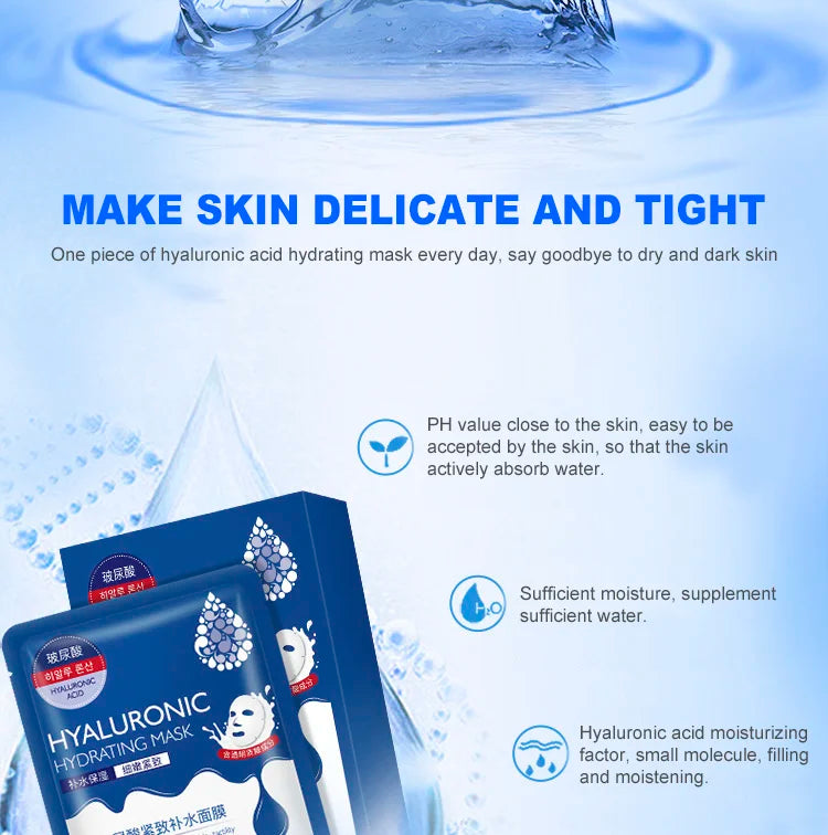 10 Pieces Hyaluronic Acid Facial Mask Sheet Pores Moisturizing Oil-Control Anti-Aging Replenishment Whitening Face Care