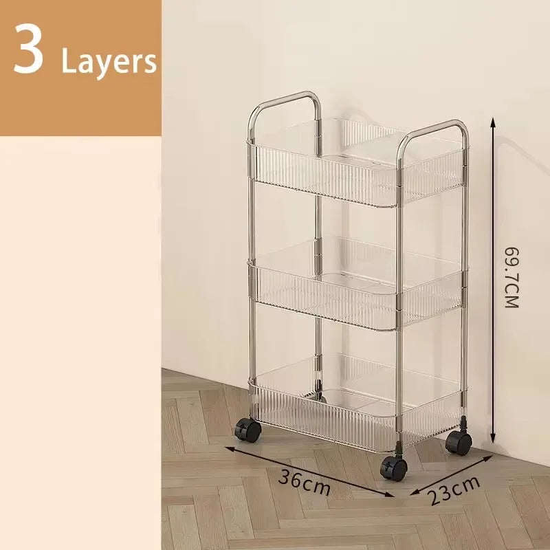 2/3/4 Layers Transparent Storage Rack with Wheels, Home Trolley Cart Suitable for Snacks Cosmetic Sundries and Kitchen Organizer