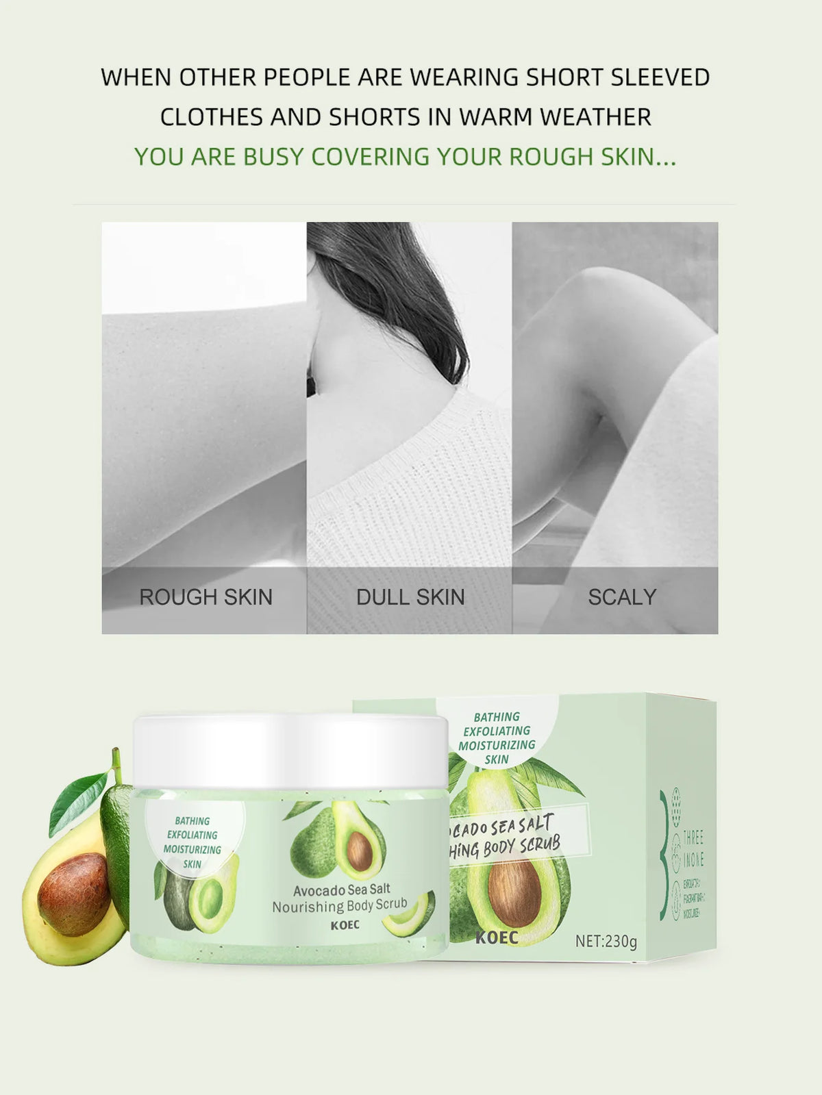 230g KOEC Avocado Dead Sea Salt Bathing Body Scrub Moisturizing Exfoliating Nourishing Brightening Shea Butter Natural Seed Oils