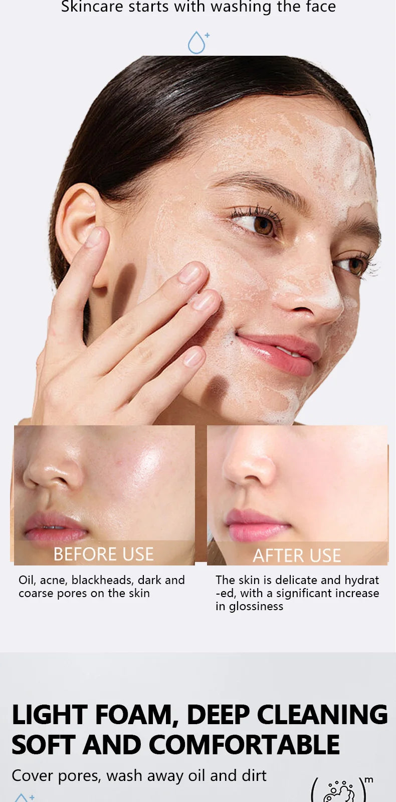 RAVE LADY Low PH 150ml Facial Cleanser Gentle Oil Control Moisturizing Face Wash Whitening Facial Foam Exfoliating Deep Remove