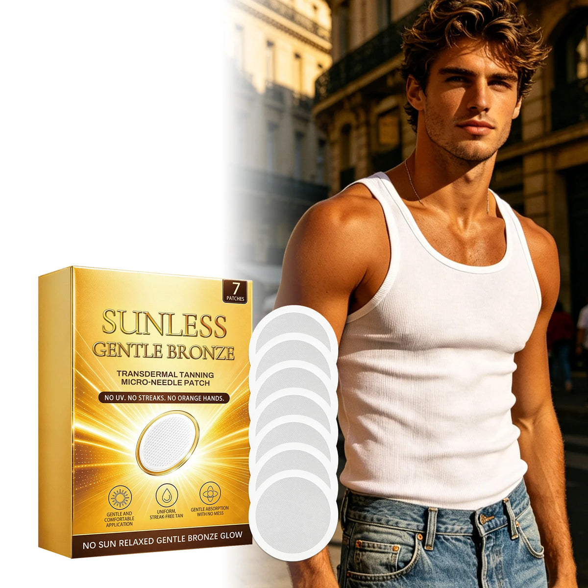 Sunless Gentle Bronze Transdermal Tanning Micro-Needle Patch 7 Patches Natural Bronze Glow for Body, Mess-Free Self-Tanner