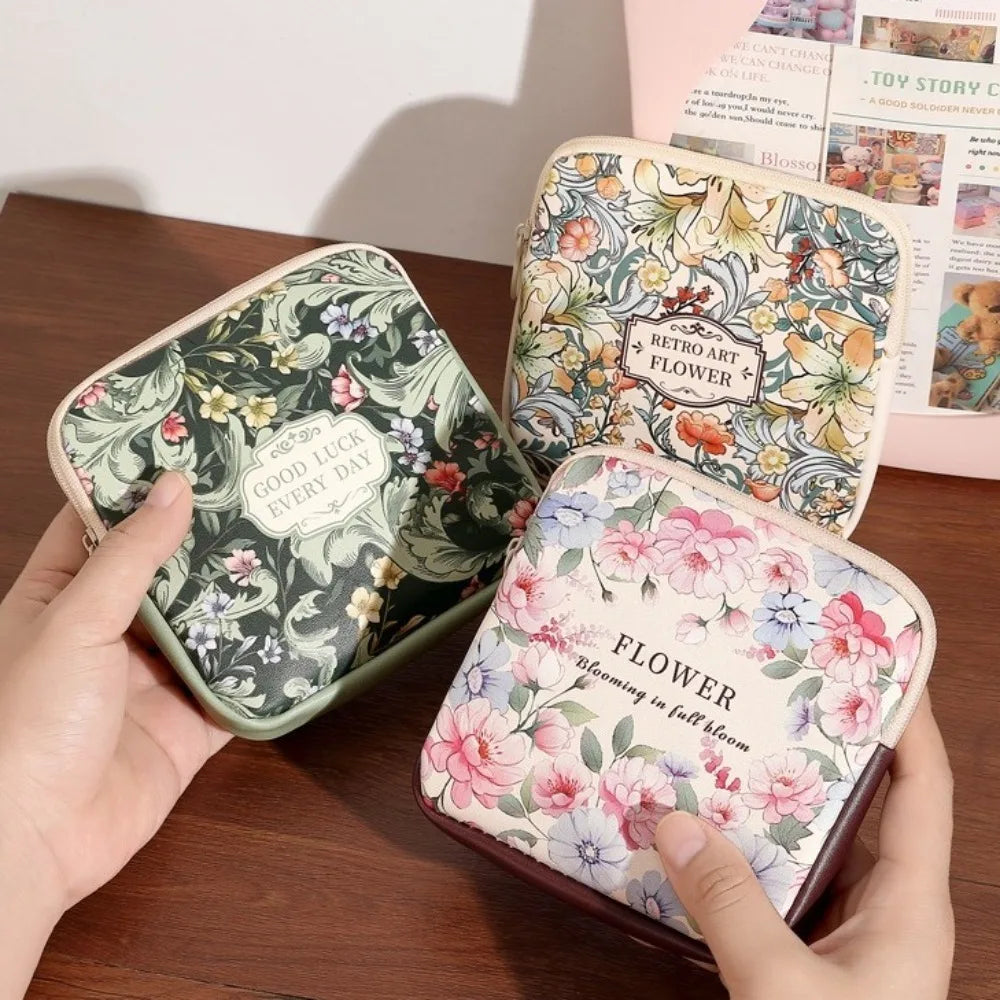 Creative PVC Sanitary Pads Bag Fashion Floral Print Large Capacity Multipurpose Coin Purse Portable Cosmetic Storage Bag