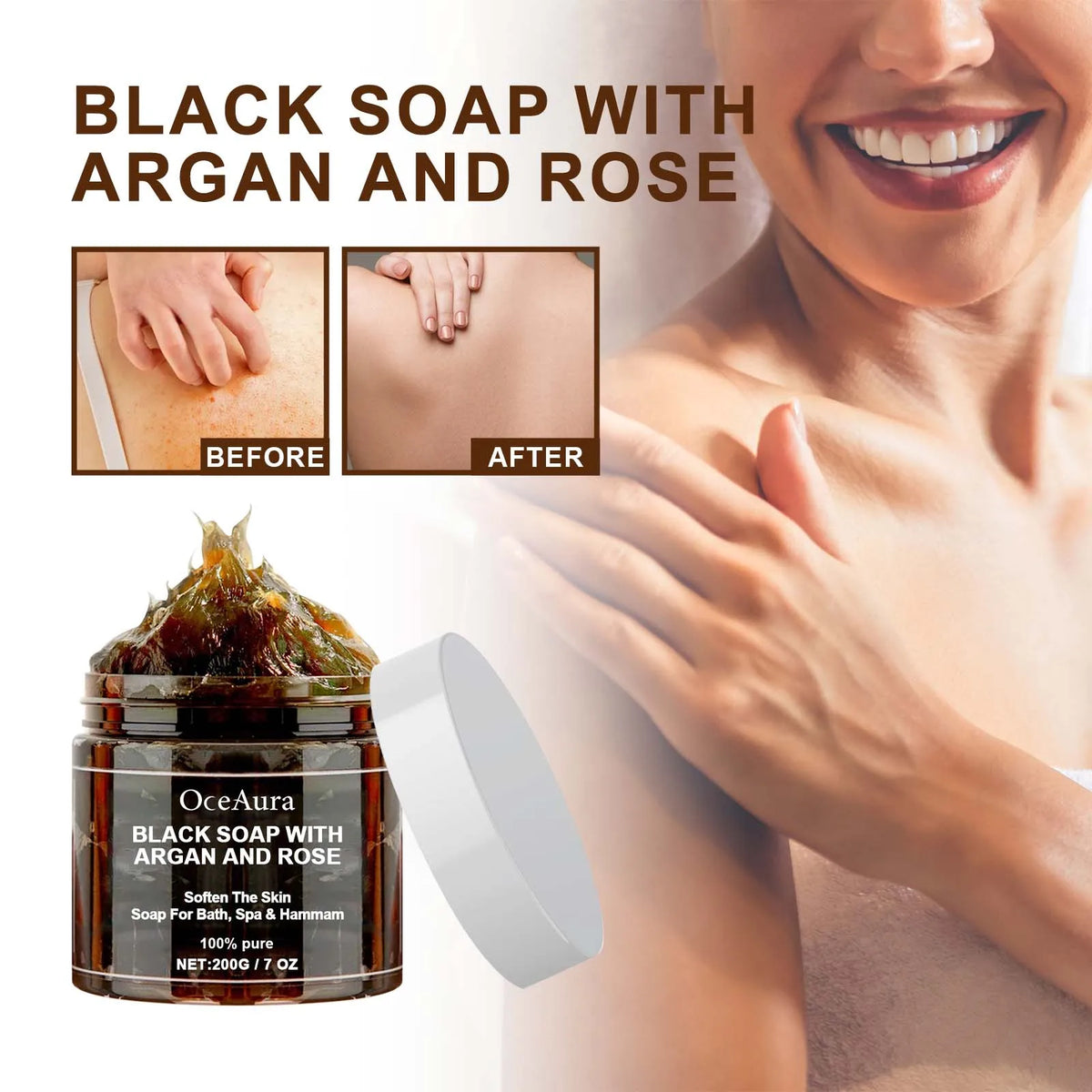 OCEAURA 200g Black Soap With Argan And Rose Lack Beldi Soap Ideal For Dead Skin Remover Body Scrub Purifying Deep Cleansing