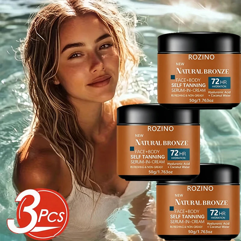 ROZINO Moisturizing Quick-Tanning Self-Tanning Lotion has a moist texture that is easy to apply, providing an even and natural finish. It can soften and protect the skin, improve dryness, and provide a harmonious and natural