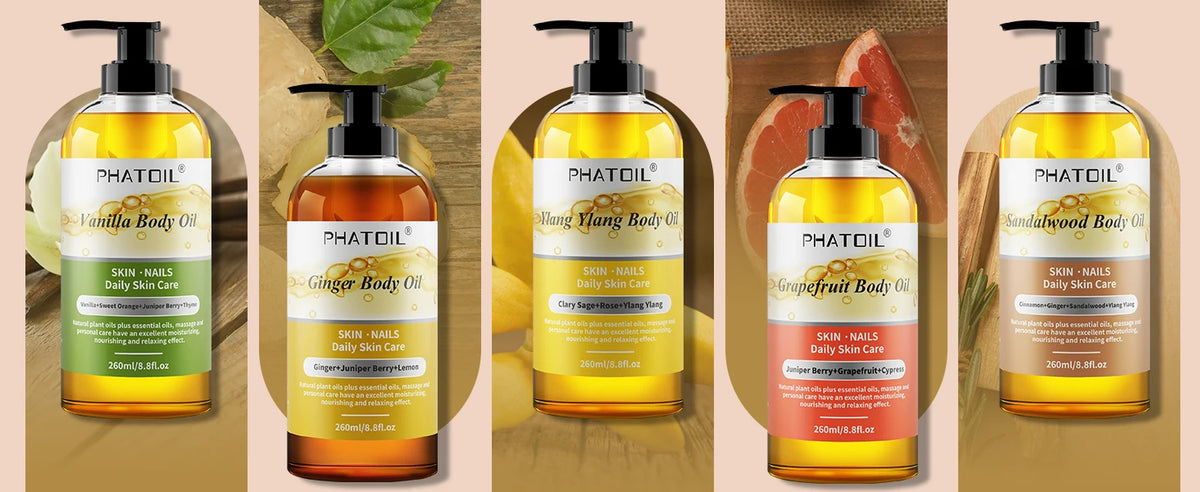 PHATOIL 260ml Body Oil-Deeply Moisturizing & Soothing Massage Oil with Long-Lasting Fragrance Vanilla Ginger Rosemary Body Oils