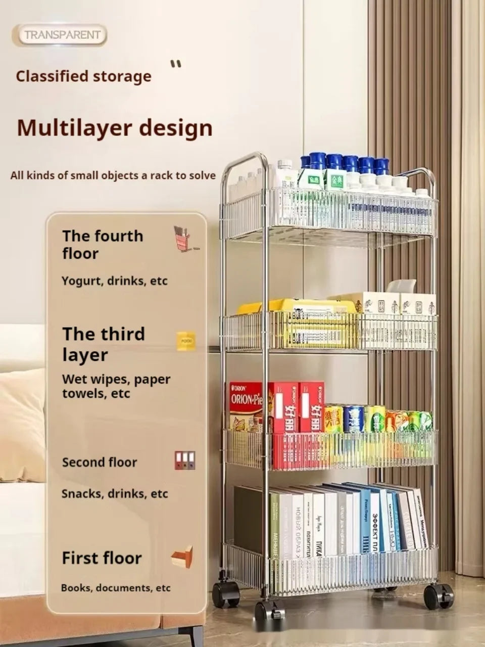 2/3/4 Layers Transparent Storage Rack with Wheels, Home Trolley Cart Suitable for Snacks Cosmetic Sundries and Kitchen Organizer