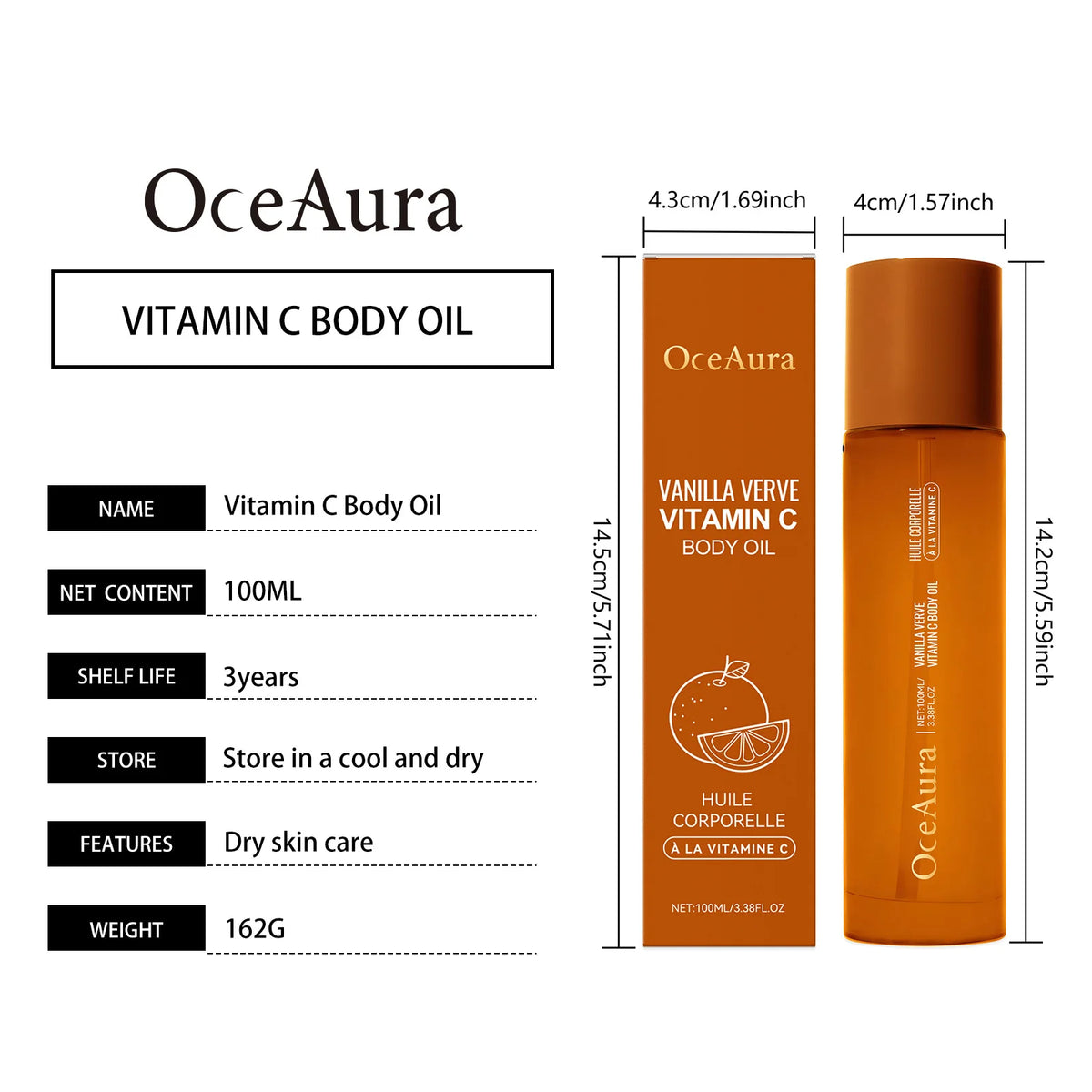OceAura Vitamin C Body Oil for Glowing Skin Brightening Deep Hydration After Shower Vanilla Verve Scented Body Massage Oil 100ml