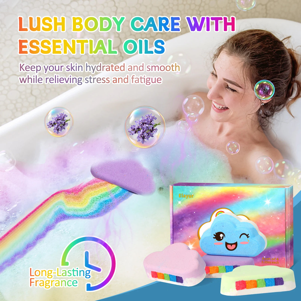 Rainbow Bath Bombs for Kids, Handmade 4 Pcs Kids Bath Bombs Gift Set for Girls Teens Toddler Rainbow Bubble Fizzy