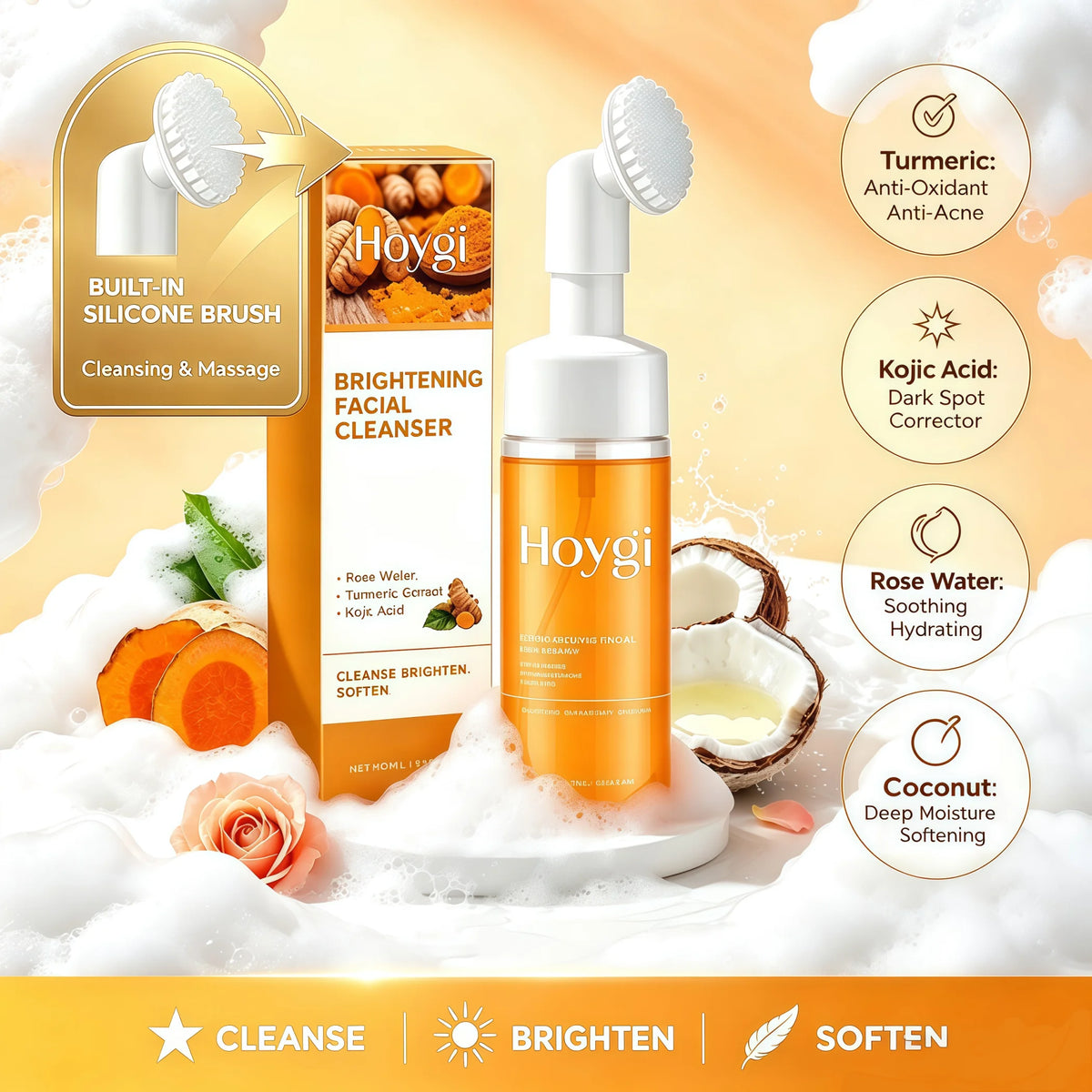 2-in-1 Turmeric Brightening Cleanser,Built in Silicone Brush Head,Synergistic Brightening Formula,Amino Acid Based Gentle Cleansing,Rose Water Hydration&Calming,Deep Nourishing, Cleansing&Hydrating All in One,Instant Foaming