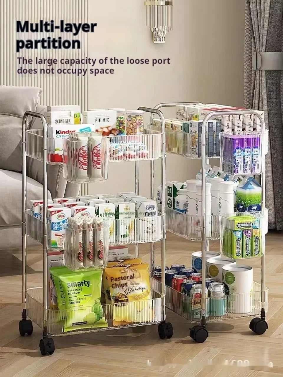 2/3/4 Layers Transparent Storage Rack with Wheels, Home Trolley Cart Suitable for Snacks Cosmetic Sundries and Kitchen Organizer