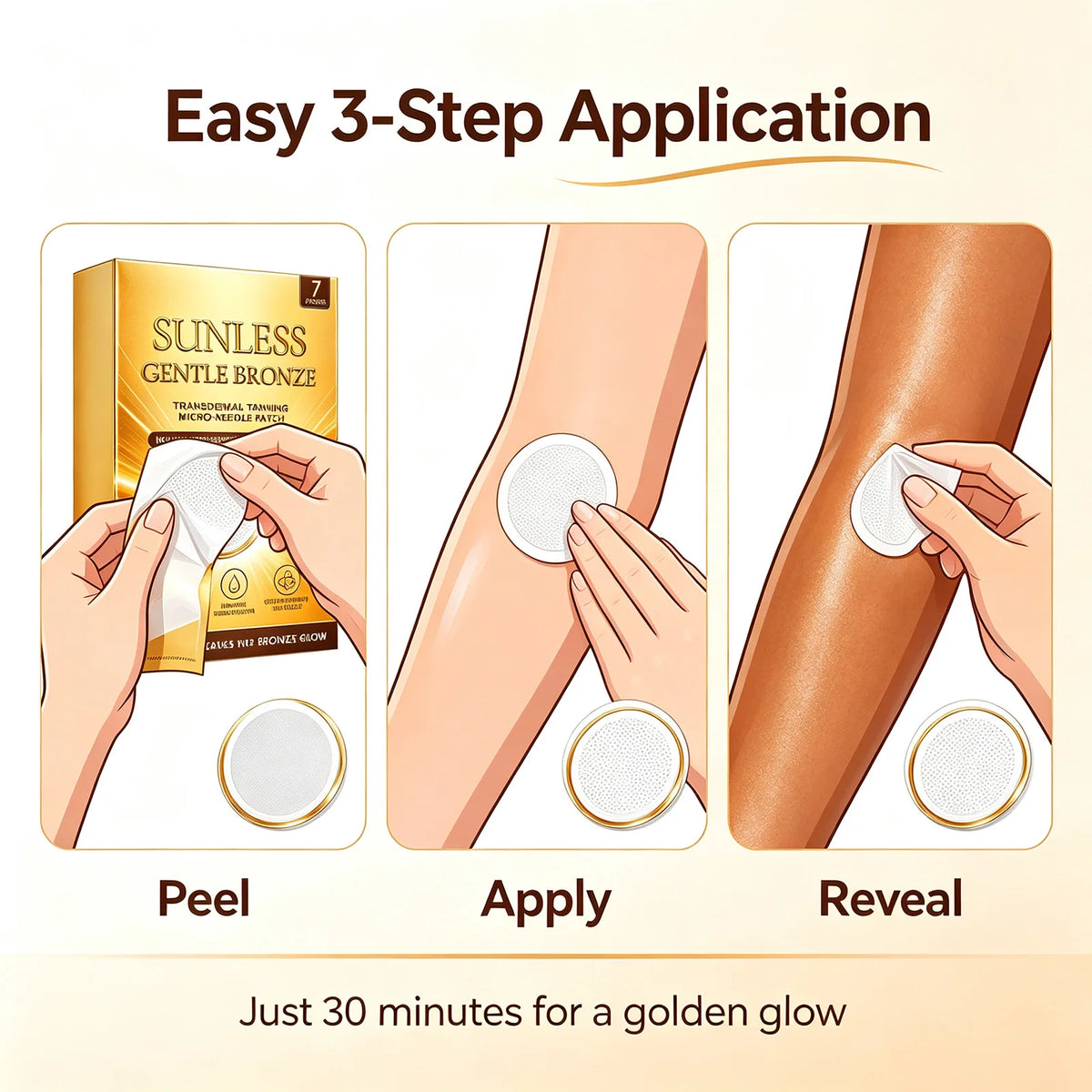 Sunless Gentle Bronze Transdermal Tanning Micro-Needle Patch 7 Patches Natural Bronze Glow for Body, Mess-Free Self-Tanner