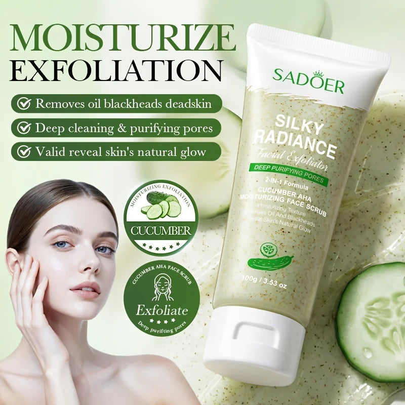 2Pcs Cucumber AHA Face Scrub Balm, Deep Cleansing, Hydrating, Exfoliating Particles, Brighter and Radiant Skin, Moisturizing