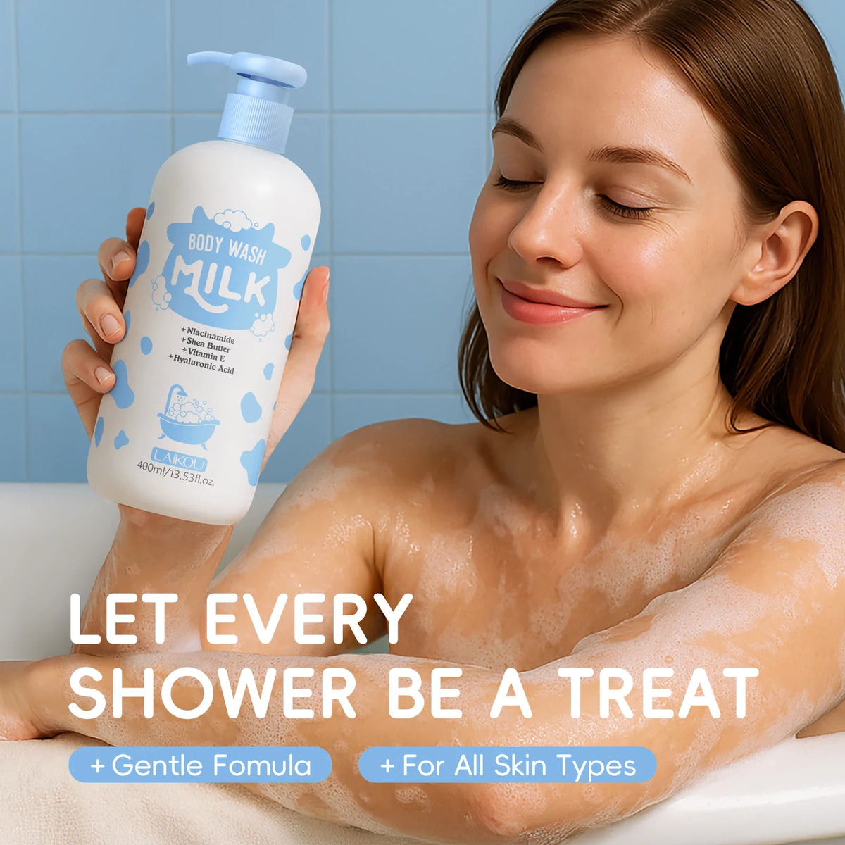 LAIKOU 400ml Milk Body Wash, Gentle Cleansing Long Lasting Moisturizing Milk Fragrance Shower Gel With Niacinamide & Shea Butter