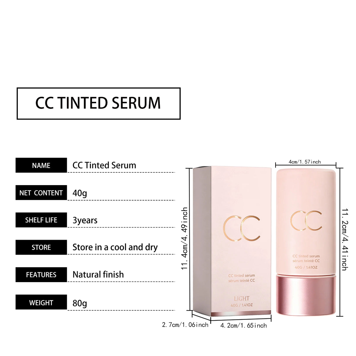 CC Cream Cover Blemishes Redness Glow Face Makeup Matte Natural Finish Lightweight Invisible Color-Correcting Tinted Serum 40g