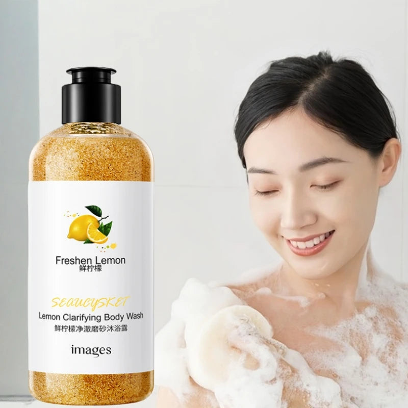 300ml Lemon Scrub Shower Gel, Alcohol-Free, Non-Greasy, Formaldehyde-Free, Rich in Citric Acid, Vitamin E, and Hyaluronic Acid, Suitable for All Light Beige Skin Types, with a Fresh Scent, Featuring Moisturizing, Nourishing,