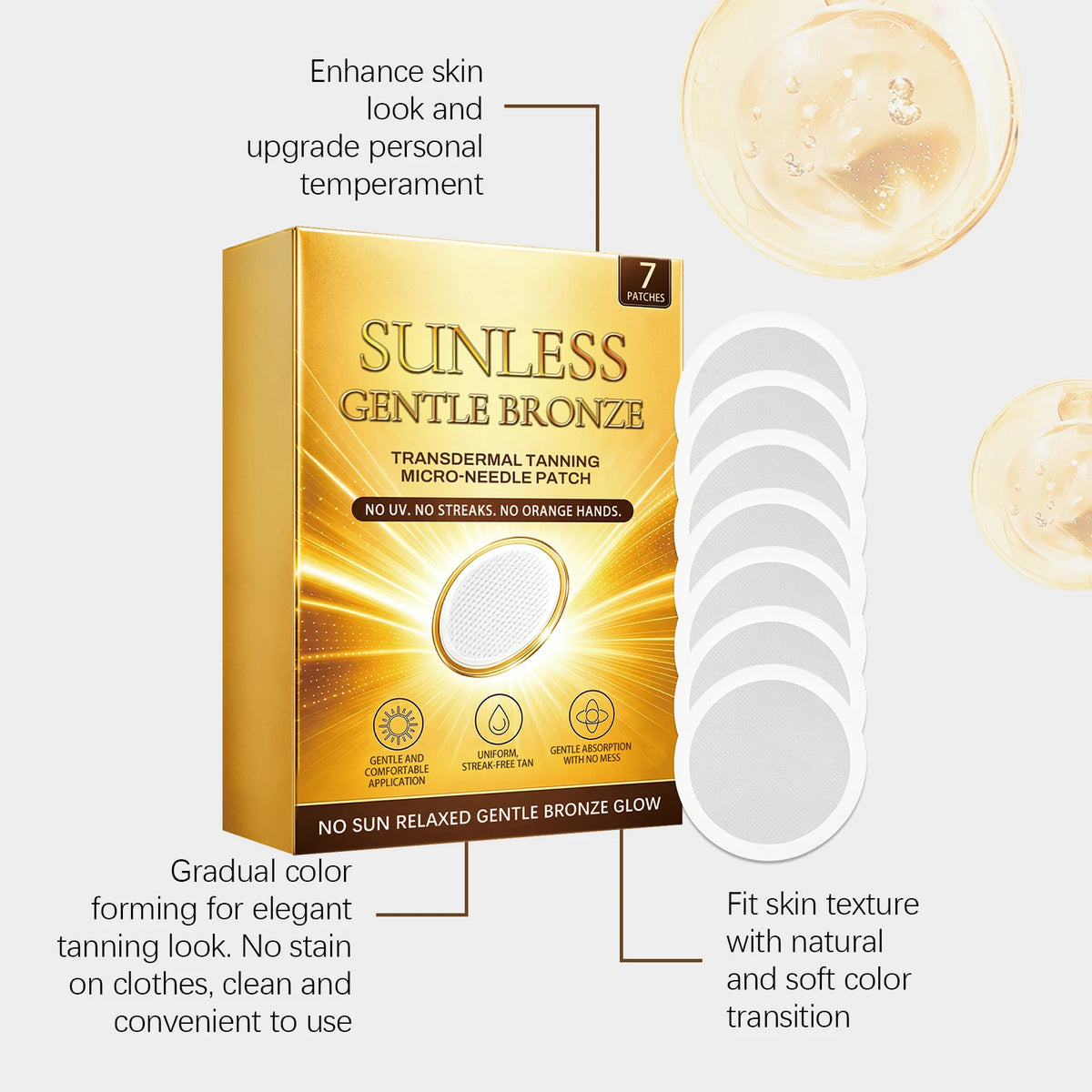 Sunless Gentle Bronze Transdermal Tanning Micro-Needle Patch 7 Patches Natural Bronze Glow for Body, Mess-Free Self-Tanner