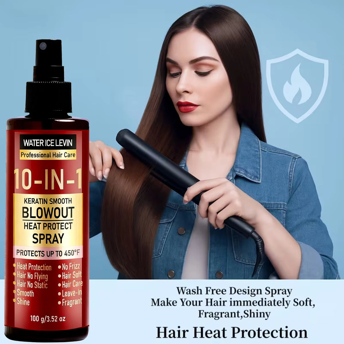 10-IN-1 Heat Protect Spray with Keratin, Collagen & Hyaluronic Acid – Smoothing Anti-Frizz Shine Leave-In Hair Care 100g