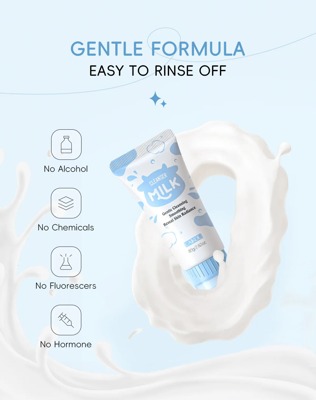 LAIKOU Milk Foaming Cleanser Dual Amino Acids Gentle Deep Cleansing Brightening for All Skin Types 80g