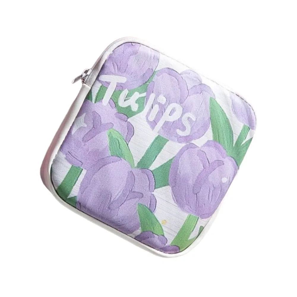 Creative PVC Sanitary Pads Bag Fashion Floral Print Large Capacity Multipurpose Coin Purse Portable Cosmetic Storage Bag