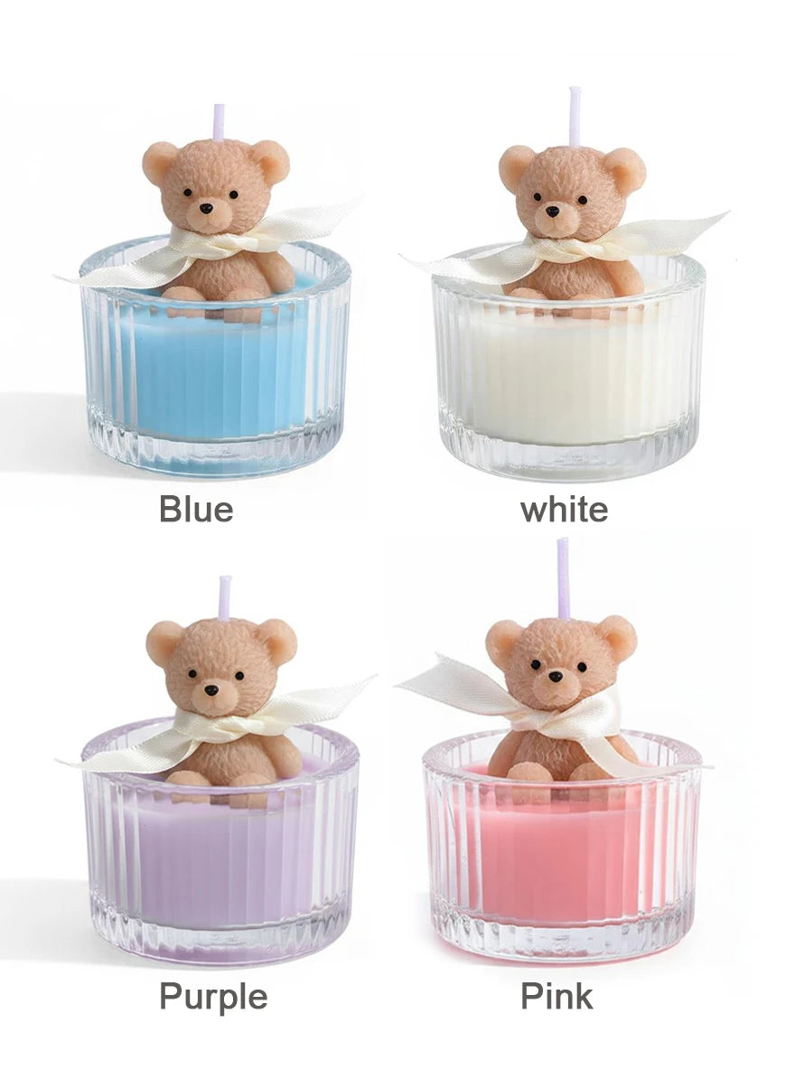 Scented Luxury Teddy Bear Soy Candle in Glass Jar with Ribbon, Creamy Pastel Gifts for Women, Bridal Shower & Holiday Favors