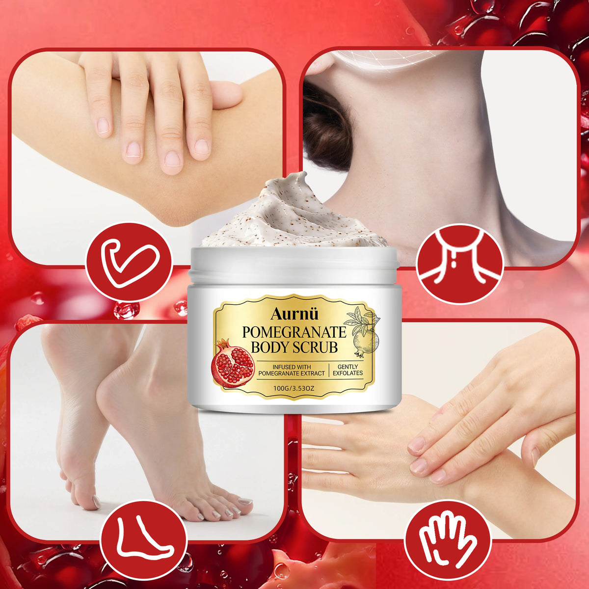 Aurnü Pomegranate Body Scrub, Gentle Exfoliation, Hydrating & Smoothing. For Full Body, All Skin Types & Ages, for Daily Cleanse