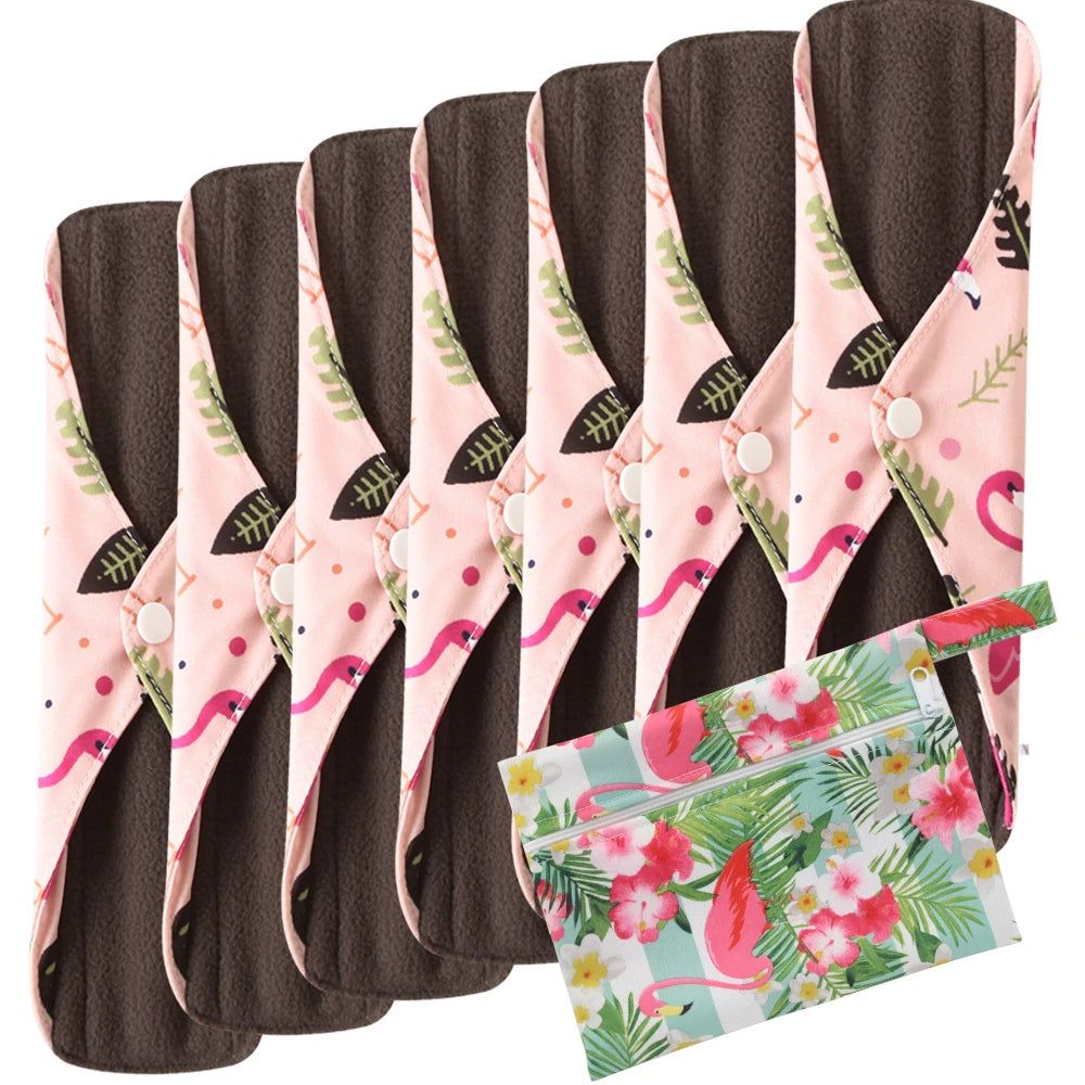 8pcs/Set 7pcs Cloth Menstrual Pad Mama Sanitary Reusable Soft Washable Charcoal Period Napkins +1pc Bonus Free Mini Wet Bag