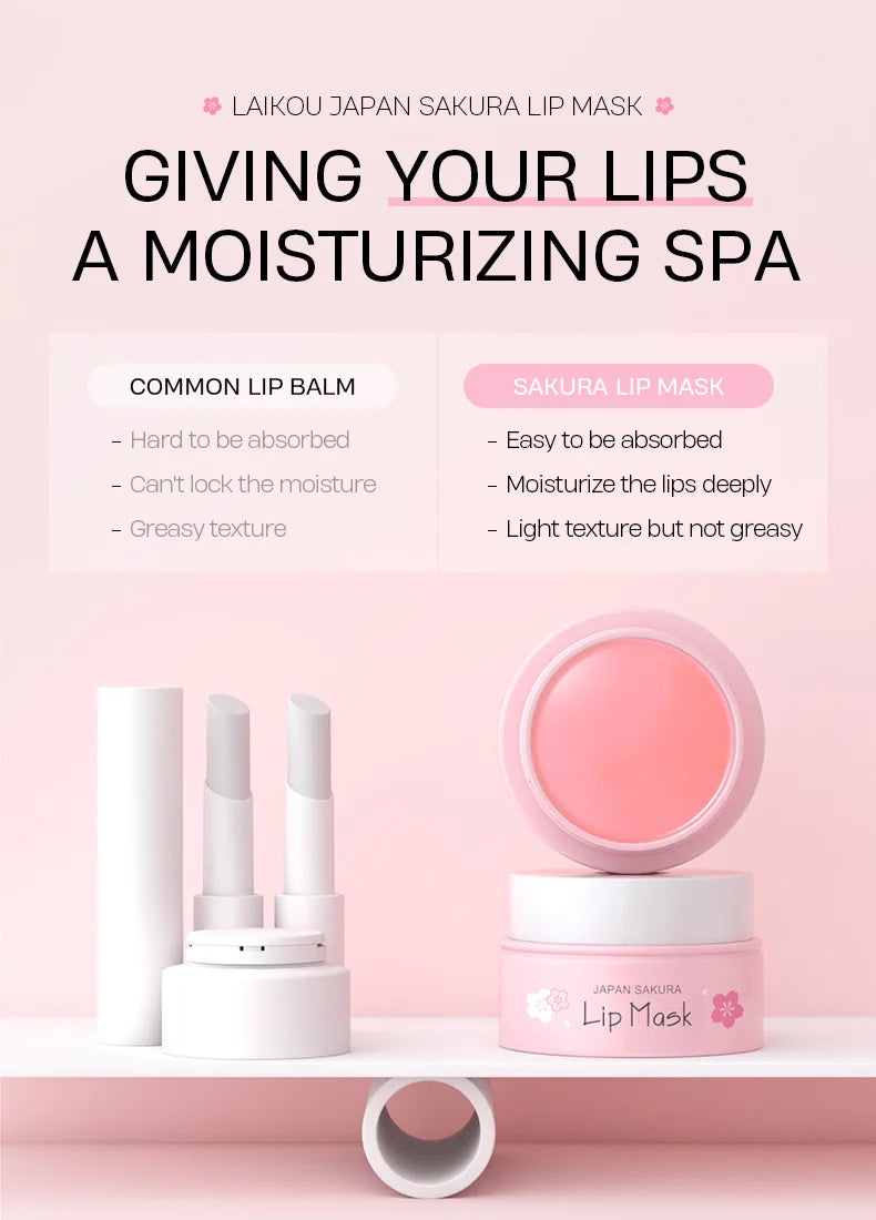 LAIKOU Cherry Blossom Lip Serum Mask Dry Crack Peeling Repair Reduce Lip Fine Lines Essence Moisturizing Sakura Beauty Care 8g