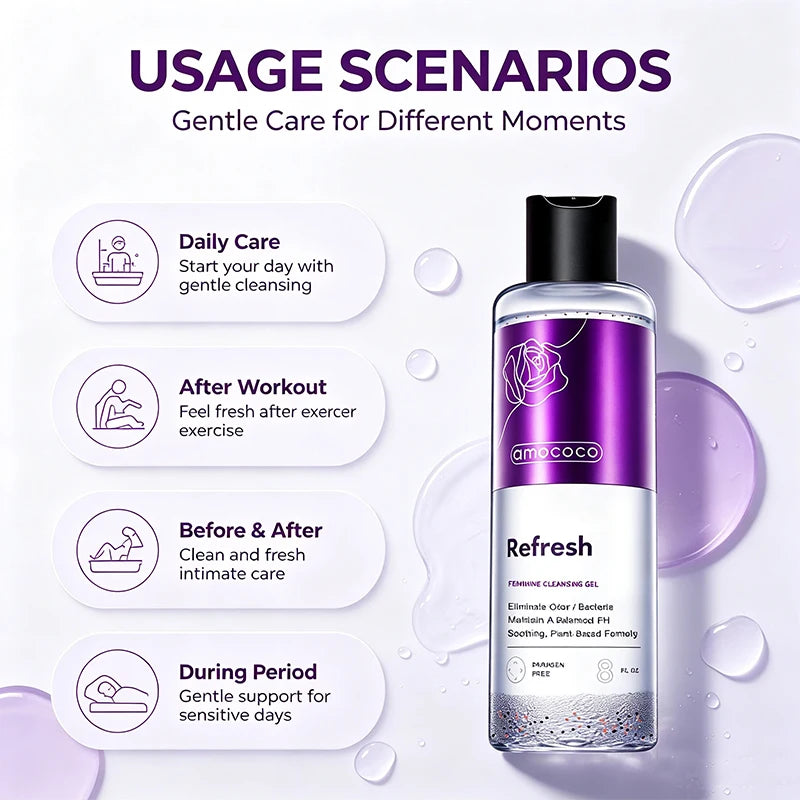 Amococo 2/3Pcs Feminine Wash 240ml Refresh Intimate Cleansing Gel PH Balancing Female Cleanser with Rose Flower Oil Aloe Vera Cucumber Extract Gentle Daily Personal Care Body Wash