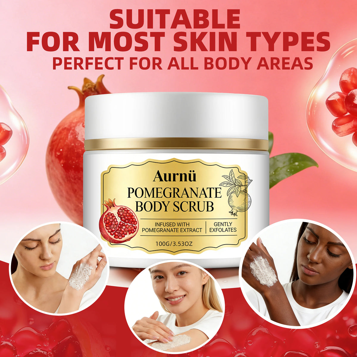 Aurnü Pomegranate Body Scrub, Gentle Exfoliation, Hydrating & Smoothing. For Full Body, All Skin Types & Ages, for Daily Cleanse