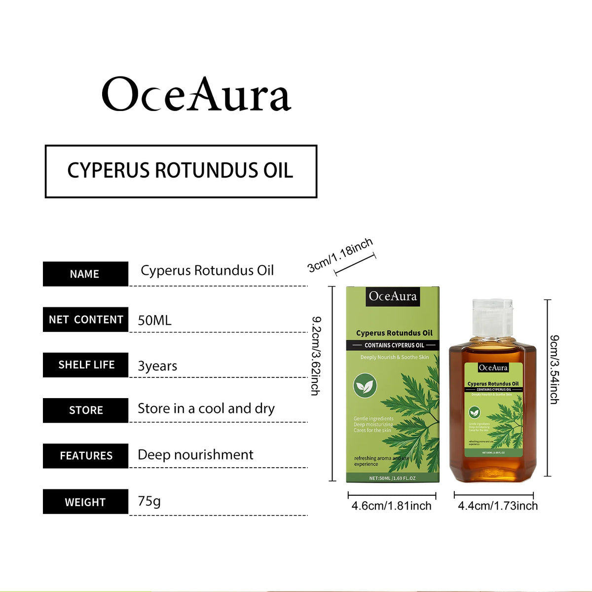 OceAura Cyperus Rotundus Oil Deep Hydration Repair Skin Soothing Improve Redness Non Greasy Massage Oil for the Body Care 50ml