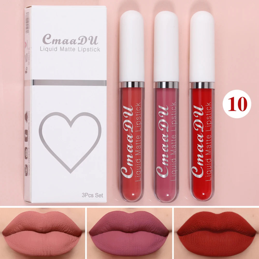 3 Pcs Matte Lipstick Lip Gloss Sets Long-Lasting Non-Fading Waterproof Non-stick Cup Exquisite Gift Everyday Holiday Universal