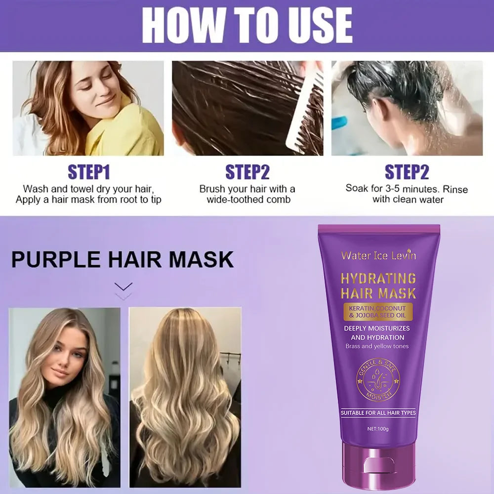 Keratin Purple Hair Mask - Purple-Blue Protein Deep Conditioner Treatment - Suitable for blonde, platinum, silver, gray, or brown dry and damaged copper-toned hair