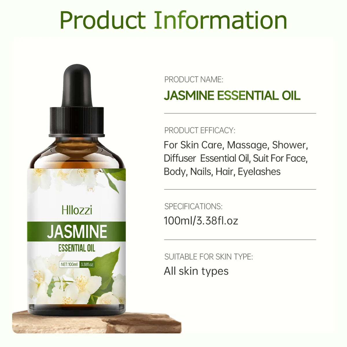 Jasmine essential oil for body massage, aromatherapy diffuser, facial skin care, spa, long-lasting fragrance.