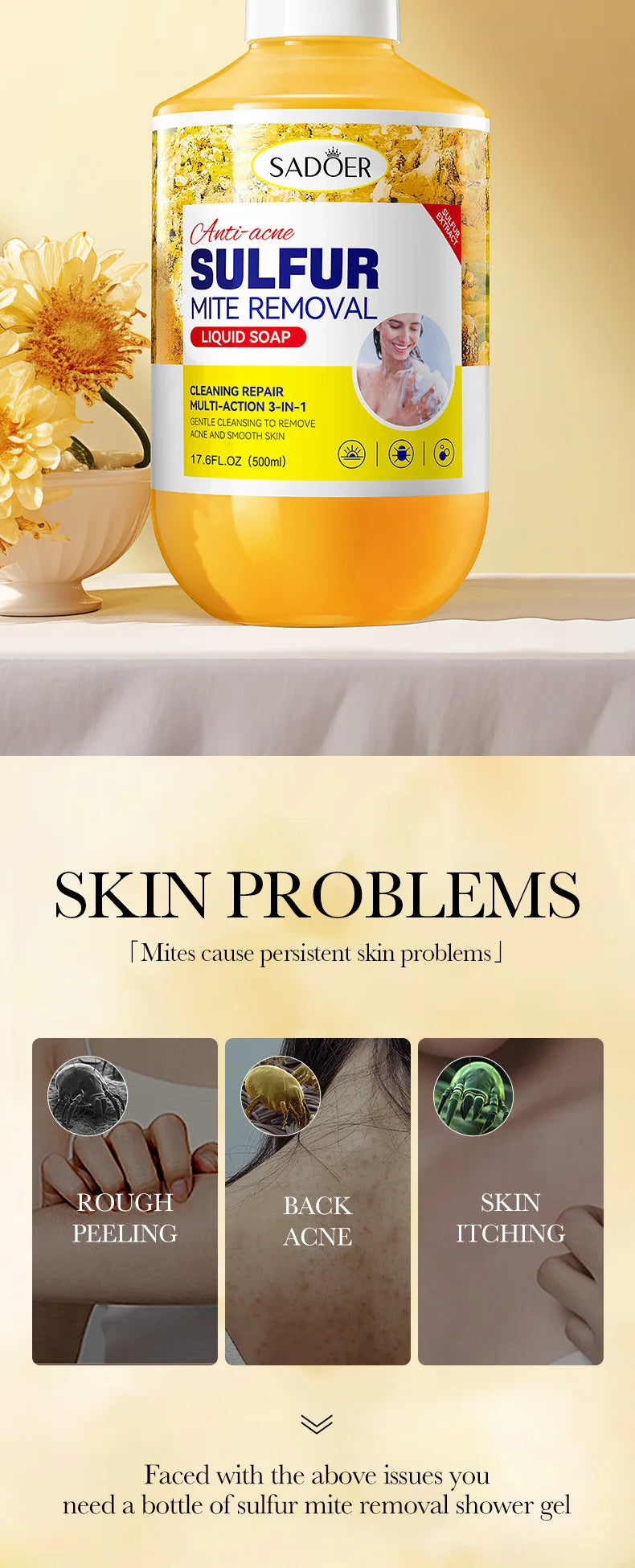 500m Anti-Mite Sulfur Shower Gel Deep Cleansing Oil Control Anti-Acne Soothe Repair Body Skin Care Wash for Women & Men