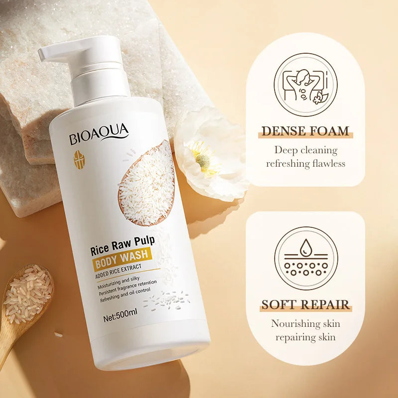 Rice Raw Pulp Body Shower Gel 500ml, Hypoallergenic and Moisturizing, Refreshing Oil Control, Long-Lasting Light Fragrance, Suitable for All Light Beige Skin Types and Sensitive Skin, Easily Removes Oil and Dirt, Daily Nouris