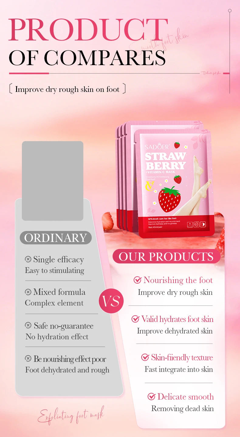 5 Pairs SADOER Strawberry Foot Mask Moisturizing Whitening Foot Peeling Mask Exfoliating Feet Spa Pedicure Exfoliant Skin Care