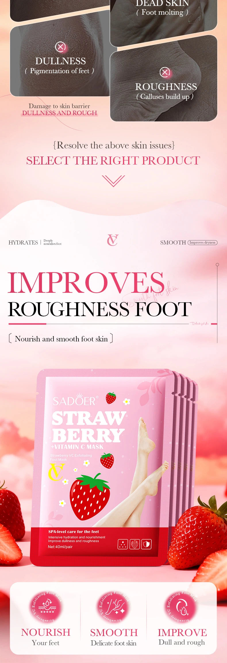 5 Pairs SADOER Strawberry Foot Mask Moisturizing Whitening Foot Peeling Mask Exfoliating Feet Spa Pedicure Exfoliant Skin Care
