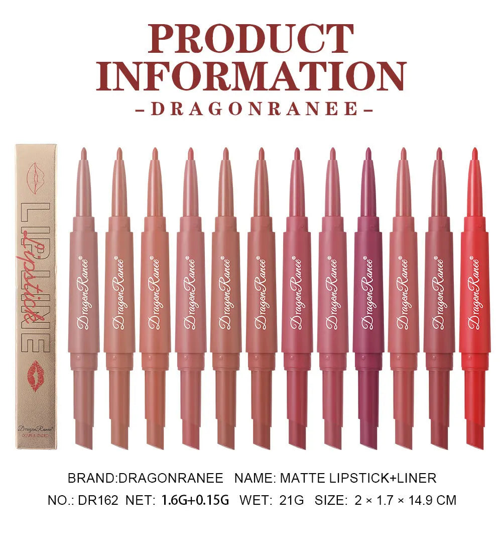 Waterproof Nude Matte Lip Liner Pencil Double Ended Matte Lipstick Lasting Moisturizing Rose Red Lipstick 2 in 1 Lipliner Makeup