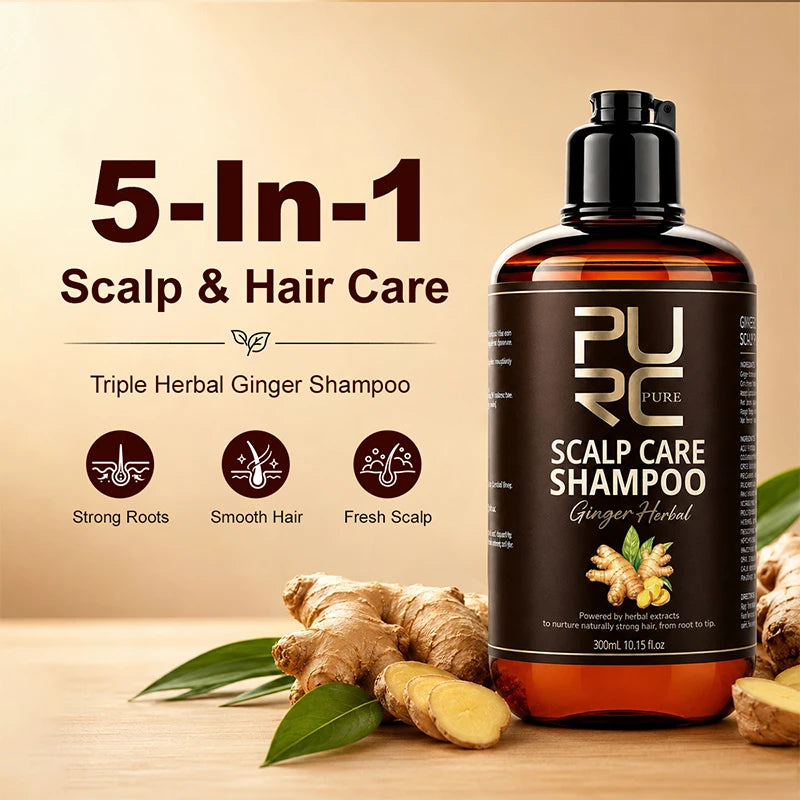 PURC 300ml 5 In 1 Instant Coloring Shampoo Natural Ginger Herbal Shampoo for Men Women Promote Hair Growth and Deeply Nourish