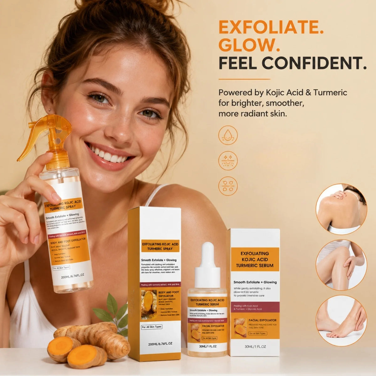 Exfoliating Kojic Acid Turmeric Spray and Serum Skin Care Set Gentle Exfoliation Improve Dull Tone Smooth Brightening Kit