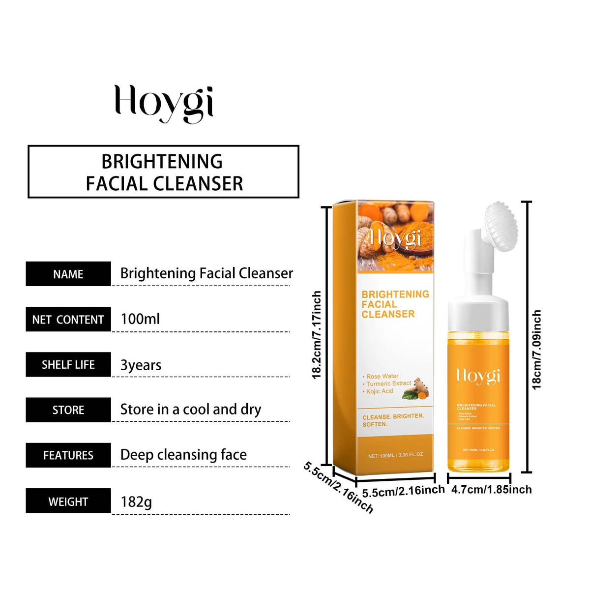 2-in-1 Turmeric Brightening Cleanser,Built in Silicone Brush Head,Synergistic Brightening Formula,Amino Acid Based Gentle Cleansing,Rose Water Hydration&Calming,Deep Nourishing, Cleansing&Hydrating All in One,Instant Foaming