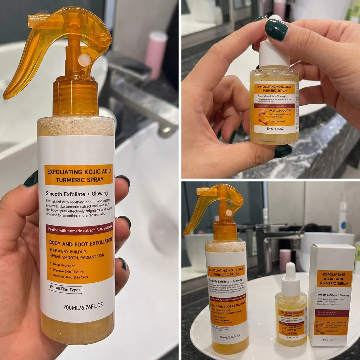 Exfoliating Kojic Acid Turmeric Spray and Serum Skin Care Set Gentle Exfoliation Improve Dull Tone Smooth Brightening Kit